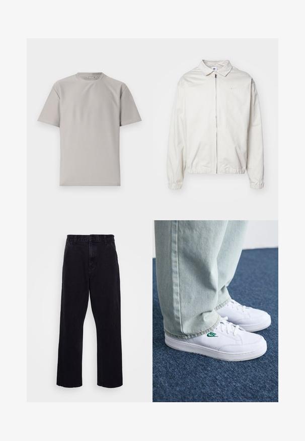 Giacca Nike bianca, leggera, con colletto, zip frontale, polsini elasticizzati e un piccolo logo sul lato sinistro del petto. Texture liscia.; T-shirt grigia chiara a costine con scollo rotondo e maniche corte. Presenta una texture morbida e un design pulito, adatta per un abbigliamento casual.; Pantaloni in denim nero con design a gamba dritta, dotati di chiusura con bottone e zip, passanti per cintura e dettagli di cucitura minimi.; Sneakers in pelle bianca con logo Nike verde, punta rotonda, suola piatta, abbinati a pantaloni in denim azzurro, mostrati su un tappeto blu.