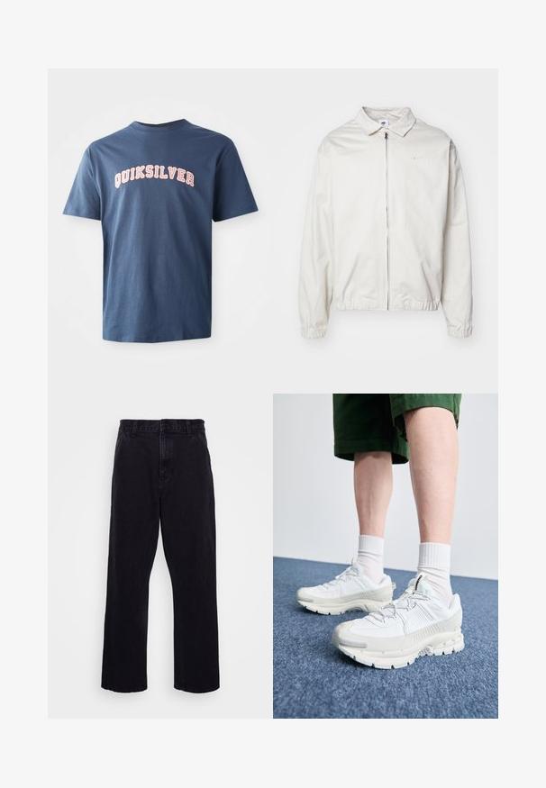 Balta, viegla Nike jaka ar apkakles kaklu, priekšējo rāvējslēdzēju, elastīgām piedurknēm un mazu logotipu kreisajā krūtī. Gluda tekstūra.; Tumši zils īsā piedurkne T-krekls ar burtu kombināciju "QUIKSILVER" baltā un rozā krāsā, kas redzama pāri krūtīm sporta stilā.; Melnu džinsu bikses ar taisnu kāju dizainu, ar pogu un rāvējslēdzēju, jostu cilpām un minimālu šuvju detaļām.; Baltas sporta apavi ar teksturētām detaļām, masīvu zoli un pelēkiem akcentiem. Valkāti ar baltiem zeķu pēdu apģērbiem un zaļām šortiem uz zilas virsmas.