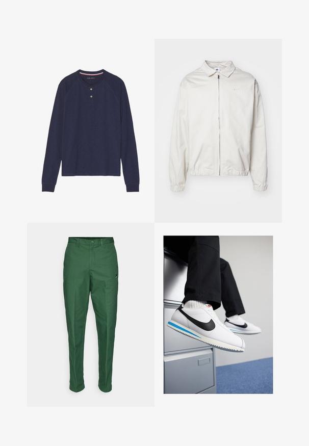Bela, lahka Nike jakna z ovratnikom, sprednjim zadrgo, elastičnimi manšetami in majhnim logotipom na levem prsnem delu. Gladka tekstura.; Majica s dolgimi rokavi v mornarsko modri barvi, z okroglim izrezom, zapenjanjem na dve gumba in rebrastimi manšetami. Mehka tekstura, priložnostni dizajn.; Zelene hlače iz gladkega materiala, z običajnim krojem, ravnim sprednjim delom in majhnim logotipom v bližini pasu.; Bele usnjene teniske z črnim Nikeovim simbolom, svetlo modrim in sivo gumijastim podplatom ter klasičnim vezalnim dizajnom. Noge so poležane na omarici za dokumente.