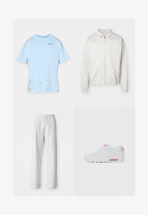 Chaqueta blanca y ligera de Nike con cuello tipo camisa, cremallera frontal, puños elásticos y un pequeño logotipo en el lado izquierdo del pecho. Textura suave.; Camiseta de algodón azul claro con mangas cortas, que presenta un logo azul de Nike y un diseño de salpicaduras multicolores en la parte inferior izquierda.; Pantalones casuales blancos con una cinturilla elástica y grandes bolsillos frontales, exhibidos sobre un fondo claro y liso.; Zapatilla deportiva blanca con una parte superior lisa, cierre de cordones, suela acolchada y una unidad de aire visible con acentos rojos en la marca.
