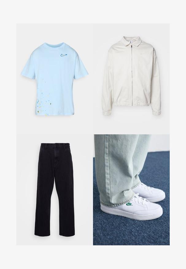 Chaqueta blanca y ligera de Nike con cuello tipo camisa, cremallera frontal, puños elásticos y un pequeño logotipo en el lado izquierdo del pecho. Textura suave.; Camiseta de algodón azul claro con mangas cortas, que presenta un logo azul de Nike y un diseño de salpicaduras multicolores en la parte inferior izquierda.; Pantalones de mezclilla negros con un diseño de pierna recta, que cuentan con un cierre de botón y cremallera, presillas para cinturón y detalles de costura mínimos.; Zapatillas de cuero blanco con logo de Nike verde, puntera redonda, suela plana, combinadas con pantalones de mezclilla azul claro, sobre una alfombra azul.
