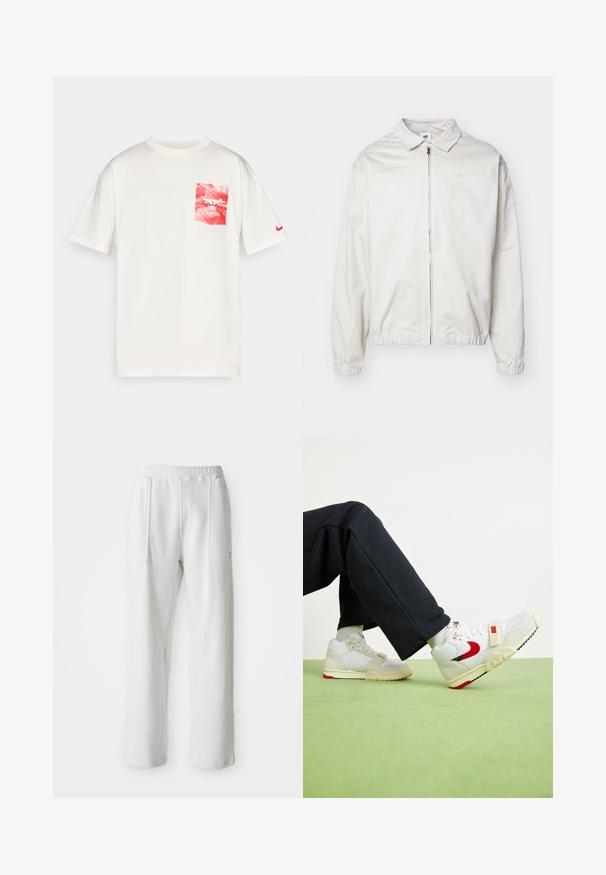 Weiße, leichte Nike-Jacke mit kragenförmigem Ausschnitt, Reißverschluss vorne, elastischen Bündchen und einem kleinen Logo auf der linken Brust. Glatte Textur.; Cremefarbene Baumwoll-T-Shirt mit einer rot-weißen Grafiktasche, die ein Bullenlogo zeigt, sowie einem kleinen roten Nike-Swoosh auf dem linken Ärmel.; Weiße Freizeithose mit elastischem Bund und großen, vorderen Taschen, auf einem schlichten, hellen Hintergrund dargestellt.; Weiße und cremfarbene Sneakers mit rotem Akzent, ausgestattet mit Mesh- und Wildledermaterialien, strukturierten Details und einem Riemen über der Vorderseite.