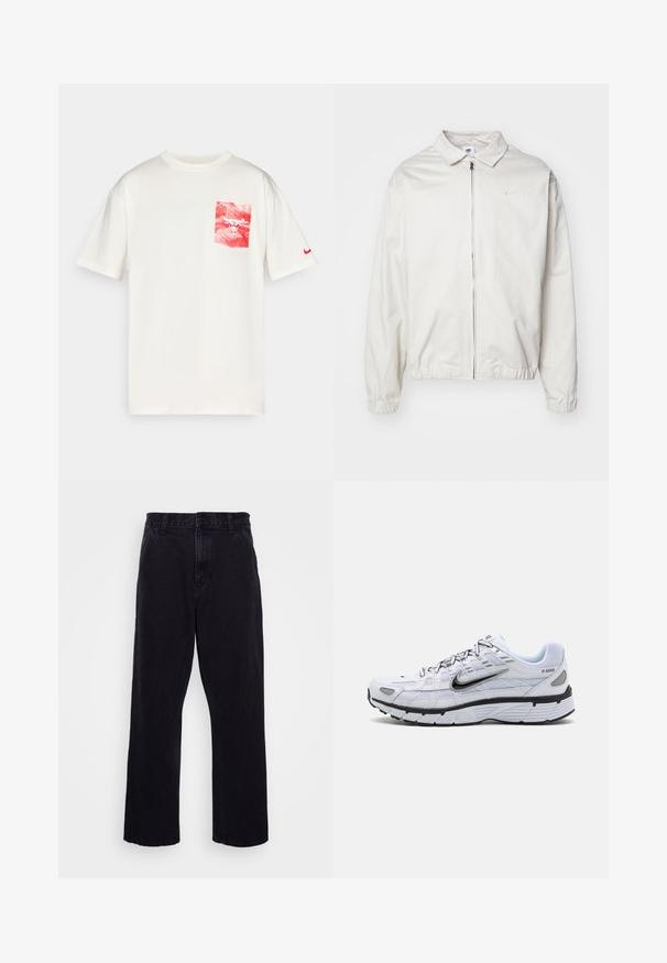 Veste Nike blanche et légère avec un col, fermeture éclair à l'avant, poignets élastiques et un petit logo sur la poitrine gauche. Texture lisse.; T-shirt en coton crème avec une poche graphique rouge et blanche ornée d'un logo de taureau et d'un petit swoosh rouge de Nike sur la manche gauche.; Pantalons en denim noir avec une coupe droite, dotés d'une fermeture à bouton et à zip, de passants de ceinture et de coutures minimales.; Baskets de course blanches avec une tige en mesh, bout arrondi, accents noirs et semelle à motif. Comprend des lacets et une marque sur le côté.