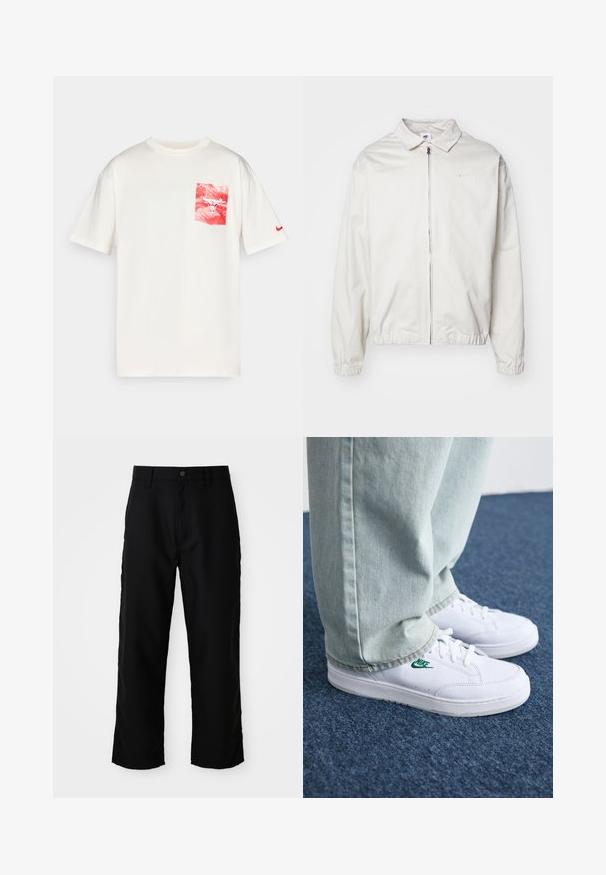 White, lightweight Nike jacket with a collared neckline, front zipper, elastic cuffs, and a small logo on the left chest. Smooth texture.; Cream cotton t-shirt featuring a red and white graphic pocket with a bull logo and a small red Nike swoosh on the left sleeve.; Black straight-leg pants with belt loops, front button, and zip closure on plain light background.; White leather sneakers with green Nike logo, round toe, flat sole, paired with light blue denim pants, shown on a blue carpet.
