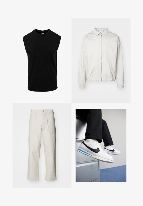 Jachetă Nike albă, ușoară, cu guler, fermoar frontal, manșete elastice și un logo mic pe pieptul stâng. Textură netedă.; Tricou fără mâneci de culoare neagră, confecționat din bumbac, cu guler rotund și o textură netedă, având o croială dreaptă. Fără modele vizibile.; Pantaloni wide-leg de culoare bej deschis, confecționați din bumbac. Dispun de buzunare frontale și închidere cu nasture. Textură netedă cu linii verticale subtile.; Adidași din piele albă cu logo-ul Nike de culoare neagră, talpă din cauciuc bleu deschis și gri, și un design clasic cu șireturi. Picioare odihnindu-se pe un birou de dosare.