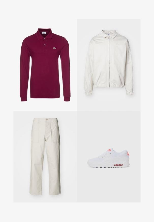 White, lightweight Nike jacket with a collared neckline, front zipper, elastic cuffs, and a small logo on the left chest. Smooth texture.; Long-sleeve polo shirt in burgundy, made of textured fabric. Features a two-button placket and a green embroidered logo on the chest.; Light beige wide-leg pants made of cotton. Features front pockets and a button closure. Smooth texture with subtle vertical lines.; White athletic sneaker featuring a smooth upper, lace closure, cushioned sole, and a visible air unit with red accents on the branding.