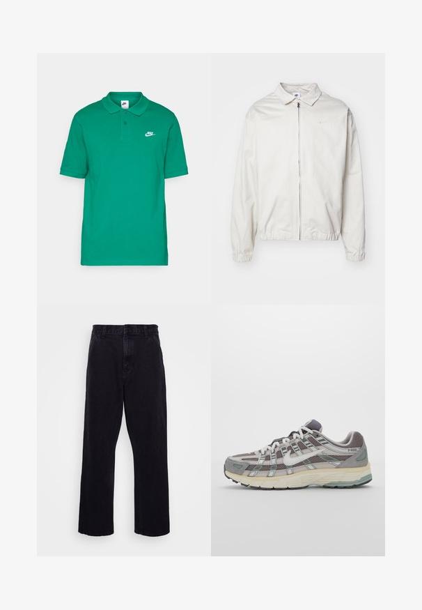 Valkoinen, kevyt Nike-takki, jossa on kauluksellinen kaula-aukko, etuvetoketju, joustavat hihansuut ja pieni logo vasemmalla rinnalla. Sujuva pinta.; Vihreä polo-paita, joka on valmistettu puuvillasta. Paita on varustettu klassisella kauluksella, lyhyillä hihoilla ja vasemmassa rinnassa on pieni valkoinen Nike-logo.; Mustat farkut suoran lahkeiden muotoilulla, jossa on nappi- ja vetoketjukiinnitys, vyölenkit ja vähäiset ompeluyksityiskohdat.; Harmaa urheilukenkä, jossa on verkko- ja mokkanahkainen yläosa, valkoiset yksityiskohdat, pehmustettu pohja ja erottuva muotoilu heijastavilla elementeillä.