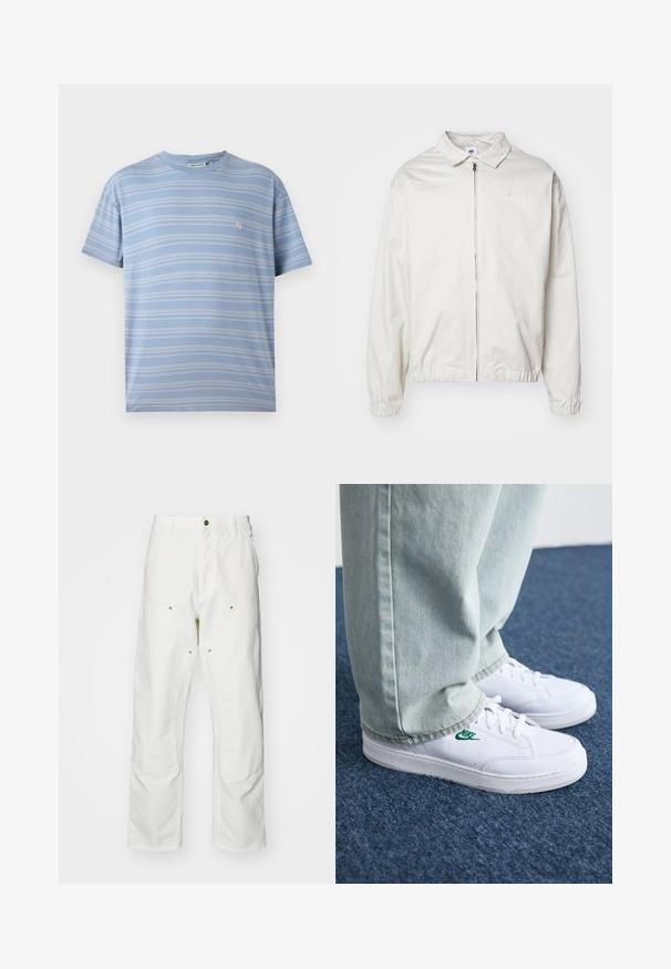 Casaco Nike branco e leve, com gola, fecho frontal, punhos elásticos e um pequeno logótipo no lado esquerdo do peito. Textura suave.; T-shirt listrada azul claro com listras brancas horizontais, gola redonda e um pequeno logo rosa na área do peito esquerdo. Tecido de algodão macio.; Calças cargo brancas em algodão com um corte descontraído. As características incluem bolsos frontais, detalhes em metal dourado e áreas de joelhos reforçadas.; Tênis de couro brancos com logo verde da Nike, bico redondo, sola plana, combinados com calças de denim azul claro, exibidos sobre um tapete azul.