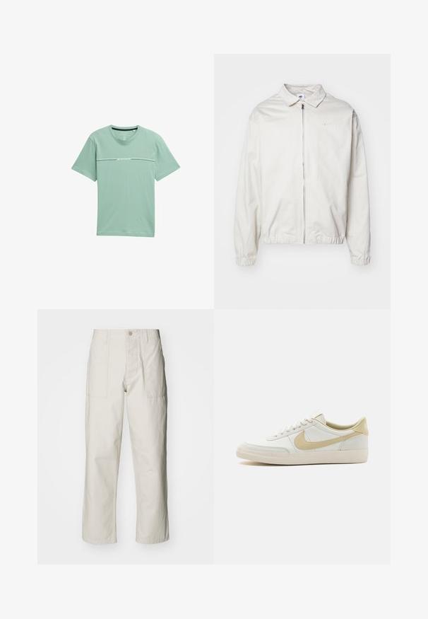 Balta, lengva Nike striukė su apykakle, priekiniais užtrauktuku, elastingomis rankogaliais ir maža logotipu kairiajame krūtinės kampe. Lygus paviršius.; Šviesiai žalia marškinėlių su trumpomis rankovėmis ir apvalia iškirpte, pagaminti iš minkštos medžiagos. Ant krūtinės yra silpnas logotipas.; Šviesiai pilki plačius kelnes, pagamintas iš medvilnės. Yra priekinės kišenės ir mygtuko uždarymas. Lygus paviršius su subtiliomis vertikaliomis linijomis.; Balti odiniai sportbačiai su kreminiu padu, šviesiai smėliniais akcentais ir tekstūrine paviršiaus danga. Yra centriniai raišteliai ir ryškus šoninis logotipas.