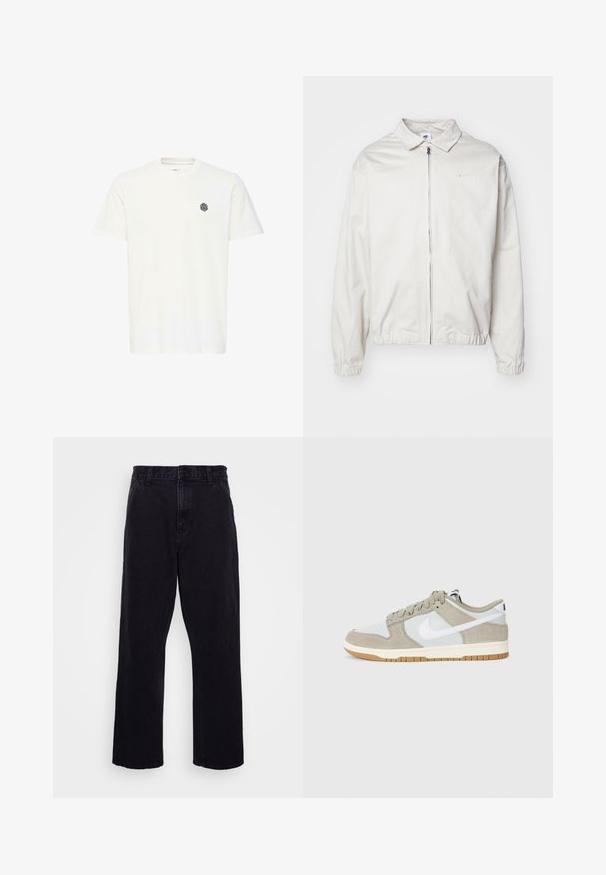 Hvit, lett Nike-jakke med kragehals, glidelås foran, elastiske mansjetter og en liten logo på venstre bryst. Glatt tekstur.; Hvit T-skjorte med korte ermer laget av bomull, med en liten svart geometrisk logo på venstre bryst. Rett skjæring og rund hals.; Sorte denimbukser med rett ben-design, med knapp- og glidelås-lukking, beltehemper og minimale sømdetaljer.; Nike-sneakers i lys grå og mintgrønn. Laget av semsket skinn og syntetiske materialer. Har hvit Swoosh-logo, flate snøringer og gummigummi yttersåle.