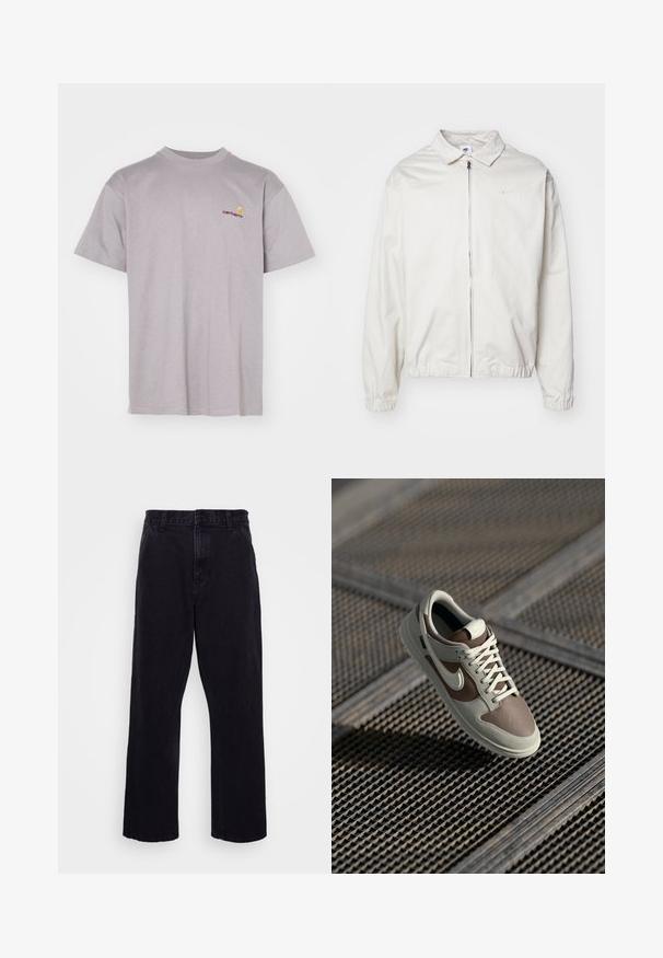 White, lightweight Nike jacket with a collared neckline, front zipper, elastic cuffs, and a small logo on the left chest. Smooth texture.; Grey cotton t-shirt with a crew neckline. Features short sleeves and a small embroidered logo in red and yellow on the left chest.; Black denim trousers with a straight leg design, featuring a button and zip closure, belt loops, and minimal stitching details.; Nike sneaker featuring a beige and brown leather upper, white laces, perforated toe, and rubber sole with textured grip.