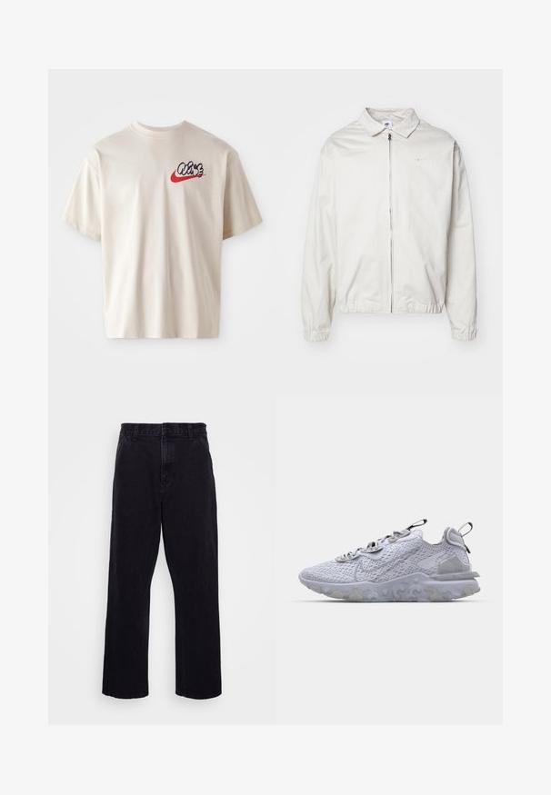 Casaco Nike branco e leve, com gola, fecho frontal, punhos elásticos e um pequeno logótipo no lado esquerdo do peito. Textura suave.; T-shirt em algodão bege com mangas curtas, apresentando um gráfico colorido no logo na área do peito esquerdo, combinando acentos azuis e vermelhos.; Calças de denim pretas com um design de perna reta, apresentando um fecho de botão e zíper, passantes para cinto e detalhes de costura mínimos.; Shoe atlético cinza claro com um cabedal em malha respirável, sola de borracha texturizada e detalhes refletivos. Apresenta um colarinho almofadado e um design de atacadores.