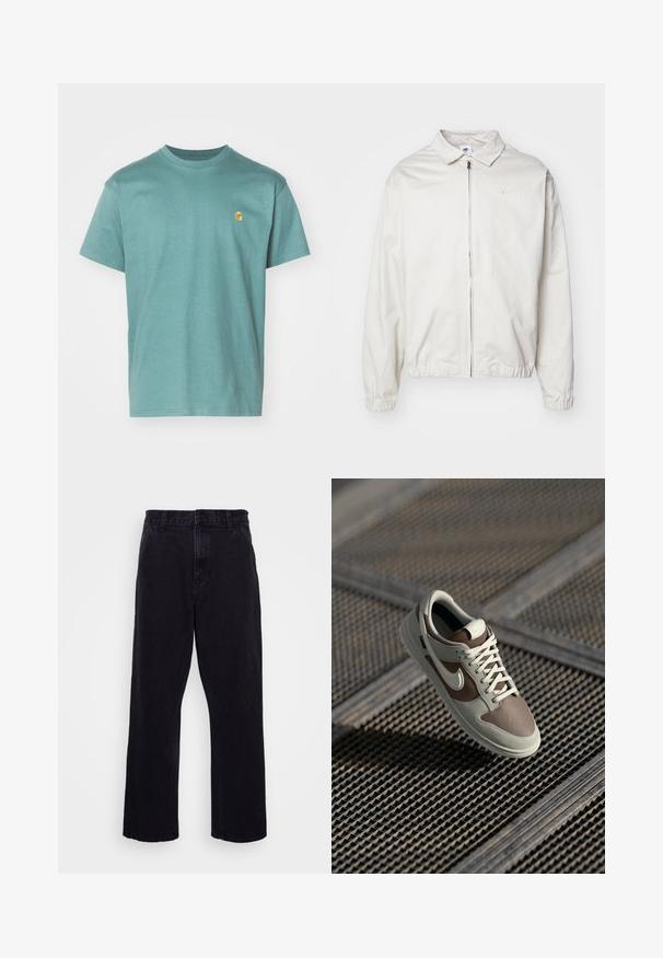 Giacca Nike bianca, leggera, con colletto, zip frontale, polsini elasticizzati e un piccolo logo sul lato sinistro del petto. Texture liscia.; T-shirt in cotone color teal, maniche corte, colletto a girocollo, con un piccolo logo giallo sul lato sinistro del petto. Tessuto con texture e finitura liscia.; Pantaloni in denim nero con design a gamba dritta, dotati di chiusura con bottone e zip, passanti per cintura e dettagli di cucitura minimi.; Sneaker Nike con tomaia in pelle beige e marrone, lacci bianchi, punta perforata e suola in gomma con grip testurizzato.