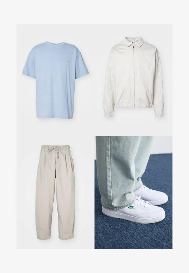 Giacca Nike bianca, leggera, con colletto, zip frontale, polsini elasticizzati e un piccolo logo sul lato sinistro del petto. Texture liscia.; T-shirt in cotone azzurro chiaro con maniche corte, scollo rotondo e un piccolo logo ricamato sul davanti. Texture morbida, vestibilità rilassata.; Pantaloni beige leggeri con vita elastica e coulisse. Presentano delle pieghe e una vestibilità ampia, realizzati in tessuto morbido e liscio.; Sneakers in pelle bianca con logo Nike verde, punta rotonda, suola piatta, abbinati a pantaloni in denim azzurro, mostrati su un tappeto blu.