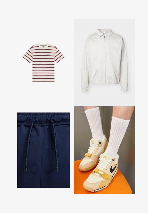 Valkoinen, kevyt Nike-takki, jossa on kauluksellinen kaula-aukko, etuvetoketju, joustavat hihansuut ja pieni logo vasemmalla rinnalla. Sujuva pinta.; Lyhythihainen t-paita, jossa on vaaka-amrank- ja kerma värejä, ja jossa on "Dickies"-logo brodeerattuna vasemman rinnan kohdalla.; Tummansininen väkerretyt vyötäröshortsit, joissa on joustava vyötärö, teksturoitu nauha ja sileä kangas.; Nike urheilujalkineet beige- ja kerma-vaaleassa nahassa, joissa on musta swoosh, valkoiset nauhat, tarranauha ja teksturoitu kumipohja.