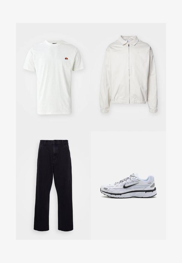 Bela, lahka Nike jakna z ovratnikom, sprednjim zadrgo, elastičnimi manšetami in majhnim logotipom na levem prsnem delu. Gladka tekstura.; Ellesse GAUGUIN TEE - Navadna majica - off white; Črne denim hlače s ravnim krojem, z gumbom in zadrgo, pasom za obleko ter minimalnimi šivi.; Bela tekaška obuvala z mrežastim zgornjim delom, zaobljenim prstom, črnimi detajli in vzorčnim podplatom. Ima vezalke in blagovno znamko na strani.