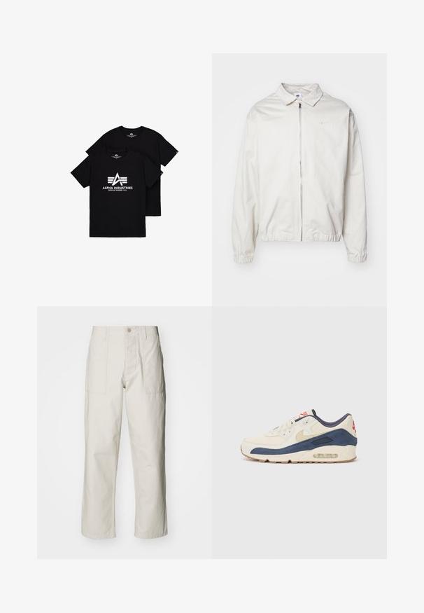 Bílá, lehká bunda Nike s límečkem, předním zipem, elastickými manžetami a malým logem na levé hrudi. Hladký povrch.; Černé bavlněné trička s bílým logem s písmenem "A" a třemi pruhy pod ním. Kulatý výstřih a krátké rukávy, vystavené ve vrstvené pozici.; Světle béžové kalhoty s širokými nohavicemi vyrobené z bavlny. Obsahují přední kapsy a zapínání na knoflík. Hladký povrch s jemnými vertikálními pruhy.; Tenisky s krémovým koženým svrškem a námořnickým semišem, s viditelnou vzduchovou podrážkou, béžovou gumovou podešví a červeným akcentem na patě.