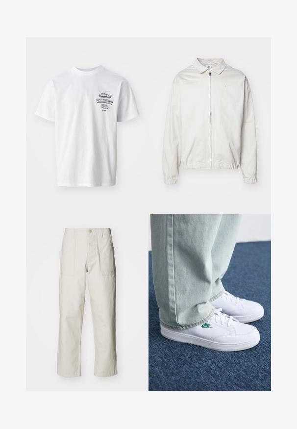 Veste Nike blanche et légère avec un col, fermeture éclair à l'avant, poignets élastiques et un petit logo sur la poitrine gauche. Texture lisse.; T-shirt en coton blanc à manches courtes, col rond, avec un imprimé graphique présentant le texte "Carhartt WIP" et une illustration de nourriture sur la poitrine.; Pantalons larges beige clair en coton. Dotés de poches avant et d'une fermeture à bouton. Texture lisse avec de légères lignes verticales.; Baskets en cuir blanc avec logo Nike vert, bout rond, semelle plate, associées à un pantalon en denim bleu clair, présentées sur un tapis bleu.