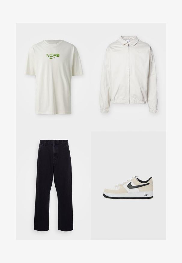 Bílá, lehká bunda Nike s límečkem, předním zipem, elastickými manžetami a malým logem na levé hrudi. Hladký povrch.; Bílé bavlněné tričko s zelenou grafikou, na které je napsáno slovo "NIKE" a logo. Krátké rukávy a kulatý výstřih. Hladká textura.; Černé denimové kalhoty s rovnými nohavicemi, které mají zapínání na knoflík a zip, poutka na pásek a minimální detaily šití.; Tenisky s lehkým béžovým semišem a horní částí z bílé kůže, černý Nike swoosh, černé akcenty a bílá gumová podrážka s logem "AIR".