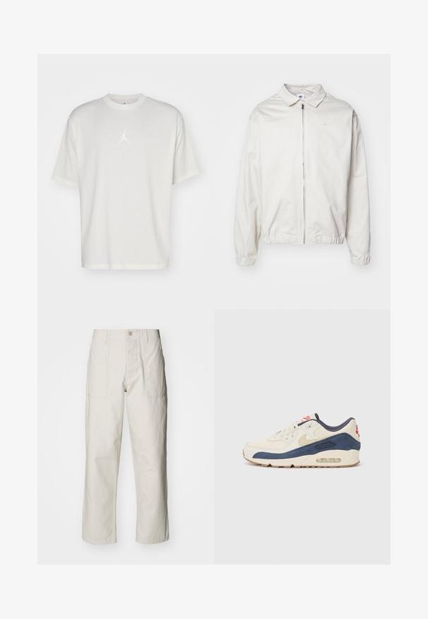 Hvid, letvægts Nike-jakke med kravehals, lynlås foran, elastiske ærmer og et lille logo på venstre bryst. Glat tekstur.; Hvid bomulds t-shirt med rund halsudskæring, korte ærmer og et lille broderet logo i midten. Løst fit design med minimal syning.; Lysebeige brede bukser lavet af bomuld. Har forlommer og en knaplukning. Glat tekstur med subtile lodrette linjer.; Sneakers med en overdel i cremefarvet læder og marineblå ruskind, med en synlig luftsål, beige gummisål og røde detaljer på hælen.