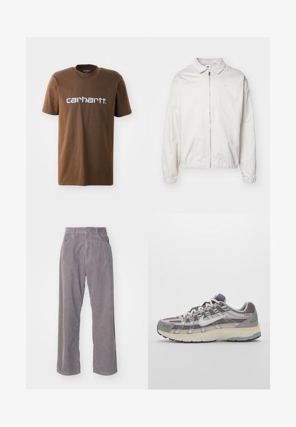 Fehér, könnyű Nike dzseki, galléros nyakkal, elöl cipzárral, elasztikus mandzsettákkal és kis logóval a bal melle részén. Simaszerű textúra.; Barna pamut póló rövid ujjakkal, fehér "carhartt" logóval a mellkasán. Szabványos kerek nyakú dizájn.; Szürke kordbársony nadrág széles lábakkal, függőleges bordázattal, gombos záródással és két elülső zsebbel.; Szürke sportcipő, hálós és velúr felsőrésszel, fehér részletekkel, párnázott talppal és jellegzetes dizájnnal, amely visszaverő elemeket tartalmaz.