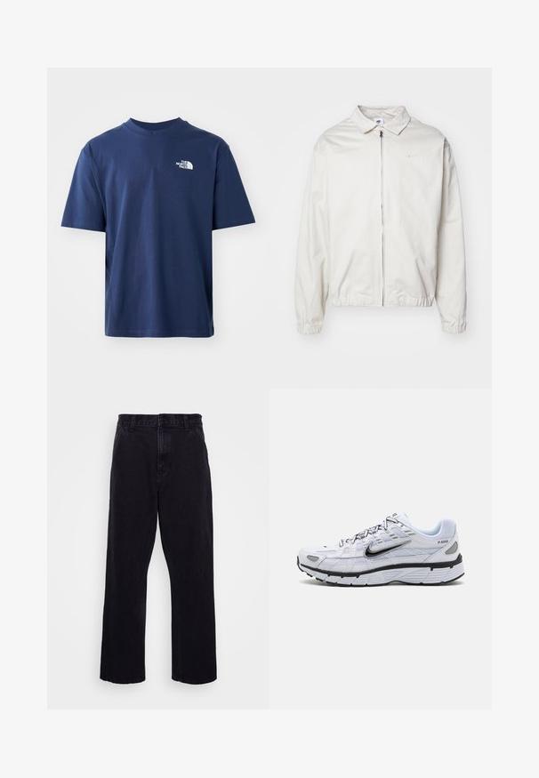 Balta, viegla Nike jaka ar apkakles kaklu, priekšējo rāvējslēdzēju, elastīgām piedurknēm un mazu logotipu kreisajā krūtī. Gluda tekstūra.; Jūras zila kokvilnas T-krekls ar apaļu kakla izgriezumu, īsām piedurknēm un balto logotipu augšējā kreisajā krūtīs. Gluda tekstūra, standarta izgriezums.; Melnu džinsu bikses ar taisnu kāju dizainu, ar pogu un rāvējslēdzēju, jostu cilpām un minimālu šuvju detaļām.; Baltie skriešanas apavi ar sietu augšdaļu, noapaļota purna daļa, melni akcenti un rakstains zole. Iekļauj mežģīņu sistēmu un zīmolu uz sāniem.