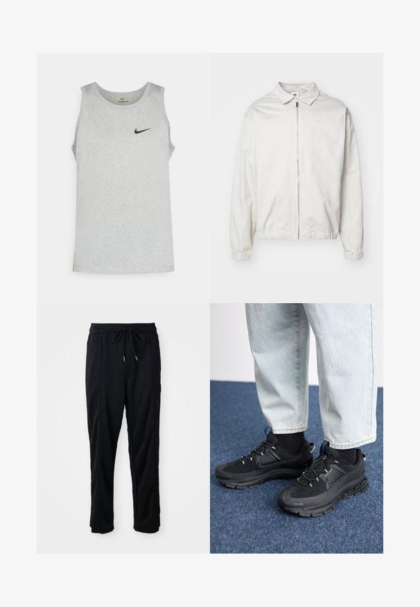 Balta, viegla Nike jaka ar apkakles kaklu, priekšējo rāvējslēdzēju, elastīgām piedurknēm un mazu logotipu kreisajā krūtī. Gluda tekstūra.; Gaiši pelēks bez piedurknēm sportisks topiņš, izgatavots no teksturēta auduma, ar melnu Nike logotipu uz krūtīm un apaļu kakla izgriezumu.; Melnas bikses ar aukliņu jostas vietā, ar sānu kabatām un taisnu kāju griezumu uz vienkrāsaina fona.; Melni sporta apavi ar strukturētu audumu un gumijas zoli, ar elastīgām auklām un zilu akcentu uz papēža. Nēsāti ar gaišām džinsu biksēm.