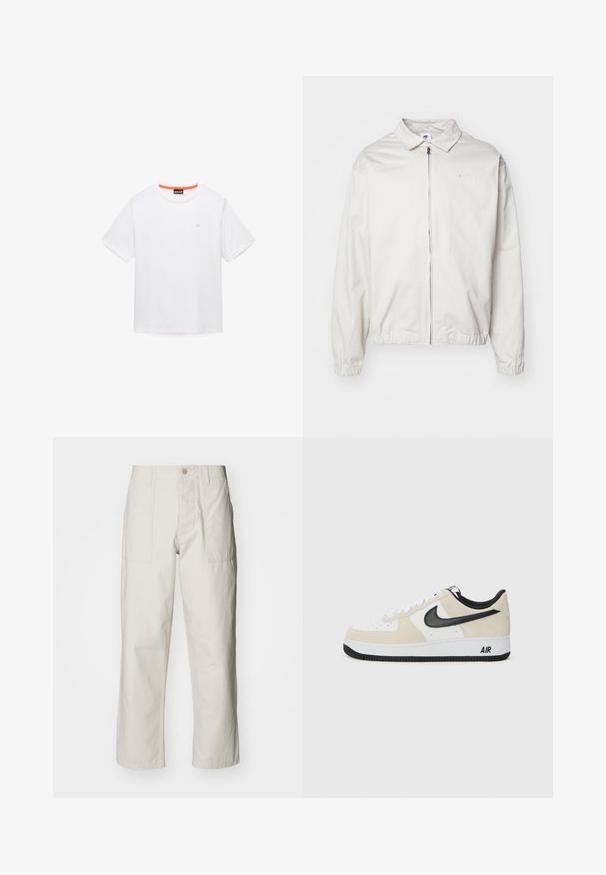 Giacca Nike bianca, leggera, con colletto, zip frontale, polsini elasticizzati e un piccolo logo sul lato sinistro del petto. Texture liscia.; T-shirt bianca in cotone con scollo rotondo, maniche corte e un piccolo logo sul petto. Presenta un bordo arancione a contrasto all'interno del colletto.; Pantaloni a gamba larga beige chiaro in cotone. Presentano tasche frontali e chiusura con bottone. Tessuto liscio con sottili linee verticali.; Sneaker con una parte superiore in suede beige chiaro e pelle bianca, logo Nike Swoosh nero, dettagli neri e una suola in gomma bianca con il marchio "AIR".