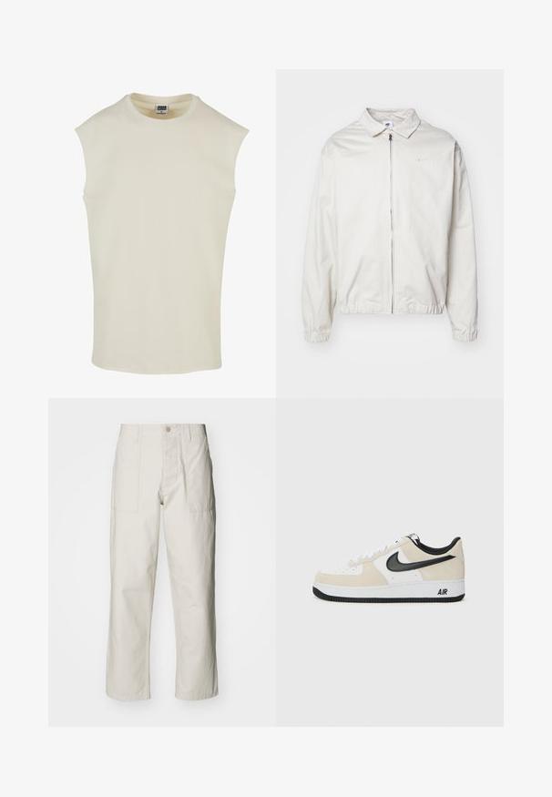 Veste Nike blanche et légère avec un col, fermeture éclair à l'avant, poignets élastiques et un petit logo sur la poitrine gauche. Texture lisse.; Haut sans manches en coton beige avec un col rond et un ourlet arrondi. Texture lisse, design minimaliste, sans motifs ni ornements.; Pantalons larges beige clair en coton. Dotés de poches avant et d'une fermeture à bouton. Texture lisse avec de légères lignes verticales.; Des baskets avec un dessus en suede beige clair et cuir blanc, un swoosh Nike noir, des accents noirs et une semelle en caoutchouc blanc arborant le logo "AIR".