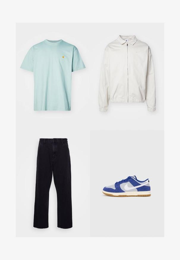 Hvid, letvægts Nike-jakke med kravehals, lynlås foran, elastiske ærmer og et lille logo på venstre bryst. Glat tekstur.; Carhartt WIP CHASE - T-shirts basic - frosted green/gold; Sorte denimbukser med lige ben, der har en knap- og lynlåslukning, bæltestropper og minimale syninger.; Blå ruskind og grå mesh sneaker med hvid Nike swoosh, runde snørebånd, polstret krave og gummisål. Flad syning detalje på overdelen.