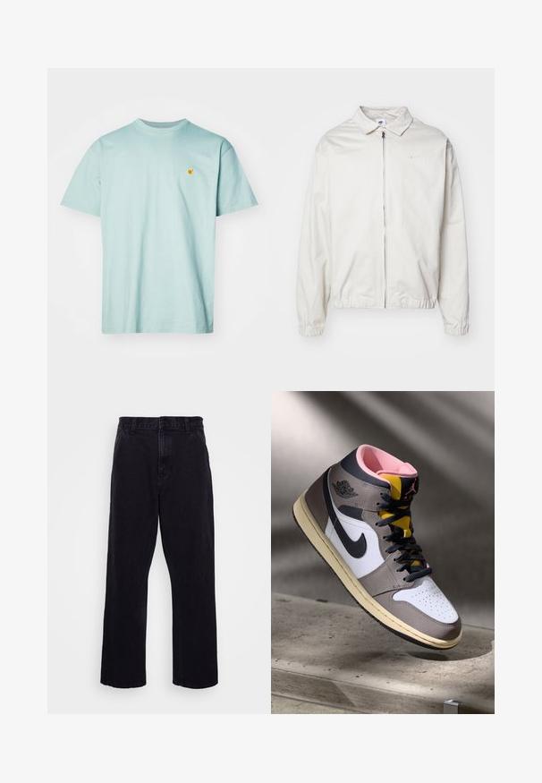 Jachetă Nike albă, ușoară, cu guler, fermoar frontal, manșete elastice și un logo mic pe pieptul stâng. Textură netedă.; Carhartt WIP CHASE - Tricou basic - frosted green/gold; Pantaloni din denim negri cu un design drept, dotati cu inchidere cu nasture si fermoar, bucle pentru centura si detalii minime de cusatura.; Sneaker Nike Air Jordan de tip high-top, alb, gri și negru, cu interior roz și limbă galbenă, amplasat pe o suprafață din beton.