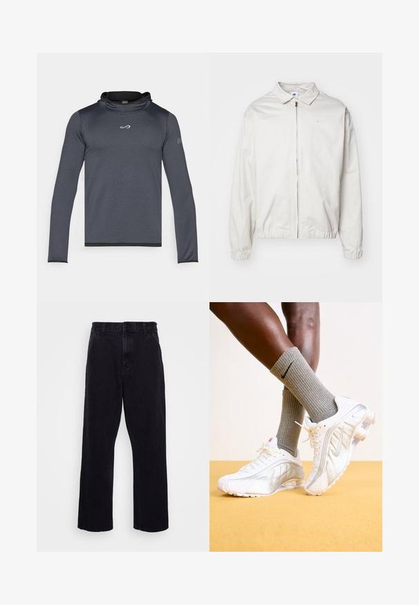 Jachetă Nike albă, ușoară, cu guler, fermoar frontal, manșete elastice și un logo mic pe pieptul stâng. Textură netedă.; Endless HERO - Bluză cu mânecă lungă - titanium; Pantaloni din denim negri cu un design drept, dotati cu inchidere cu nasture si fermoar, bucle pentru centura si detalii minime de cusatura.; Adidași Nike albi cu accente argintii, având panouri texturate și perforații. Asociati cu șosete gri cu benzi, pe un fundal galben.
