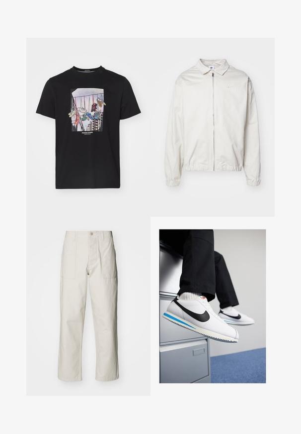 Hvit, lett Nike-jakke med kragehals, glidelås foran, elastiske mansjetter og en liten logo på venstre bryst. Glatt tekstur.; Svart bomull t-skjorte med et grafisk motiv av sneakers som henger fra en snor mot en lys bakgrunn, med teksten "WEEKEND OFFENDER" under.; Lyse beige vide bukser laget av bomull. Har frontlommer og knappelukking. Jevn tekstur med subtile vertikale linjer.; Hvite lær sneakers med en svart Nike swoosh, lys blå og grå gummisåle, og klassisk snøring. Føttene hviler på et arkivskap.