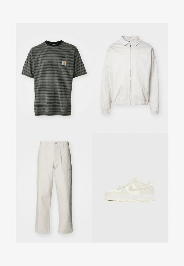 Casaco Nike branco e leve, com gola, fecho frontal, punhos elásticos e um pequeno logótipo no lado esquerdo do peito. Textura suave.; T-shirt de mangas curtas listada em cinza e preto, com decote redondo e um pequeno logótipo no peito. Tecido suave e texturizado.; Calças largas em bege claro, feitas de algodão. Apresentam bolsos frontais e fecho com botão. Textura suave com linhas verticais subtis.; Ténis Nike Air Force 1 brancos com parte superior em pele lisa, detalhes cinza claro, perfurações no bico e sola de borracha texturada.