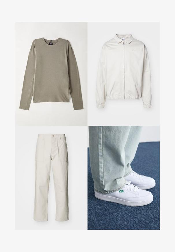 Fehér, könnyű Nike dzseki, galléros nyakkal, elöl cipzárral, elasztikus mandzsettákkal és kis logóval a bal melle részén. Simaszerű textúra.; Hosszú ujjú, kerek nyakú felső világosszürke anyagból. Lapos varrásokkal és oldalsó hasítékokkal rendelkezik a szabad mozgás érdekében, sima, puha tapintású.; Világos bézs, bő szárú nadrág, pamutból készült. Elöl zsebekkel és gombos záródással rendelkezik. Simított textúrájú, finom függőleges csíkokkal.; Fehér bőr sportcipők zöld Nike logóval, kerek orral, lapos talppal, világoskék farmernadrággal párosítva, kék szőnyegen bemutatva.