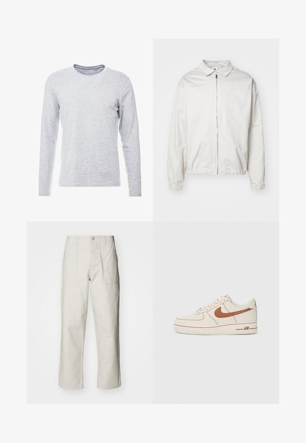 Balta, lengva Nike striukė su apykakle, priekiniais užtrauktuku, elastingomis rankogaliais ir maža logotipu kairiajame krūtinės kampe. Lygus paviršius.; Ilgų rankovių pilkas marškinėliai, pagaminti iš minkštos, lengvos medžiagos, su klasikiniu apvaliu iškirpimu ir paprastu, nepuoštu dizainu.; Šviesiai pilki plačius kelnes, pagamintas iš medvilnės. Yra priekinės kišenės ir mygtuko uždarymas. Lygus paviršius su subtiliomis vertikaliomis linijomis.; Nike Air Force 1 kedai su sport su kreminės odos viršutine dalimi, rudos spalvos logotipu ir siuvinėjimo detalėmis. Savybės: suapvalintas pirštas ir tekstūruotas guminis padas.