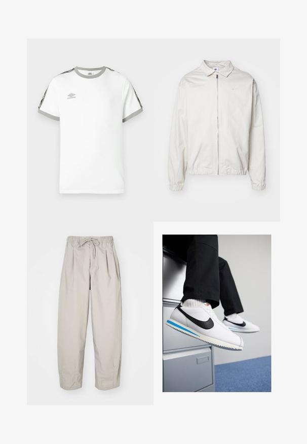 Hvit, lett Nike-jakke med kragehals, glidelås foran, elastiske mansjetter og en liten logo på venstre bryst. Glatt tekstur.; Hvit T-skjorte med kort erm og grå krage og mansjetter, svarte og grå striper på ermene, og Umbro-logo på brystet.; Beige, lette bukser med elastisk midje og snor. Har folder og løs passform, laget av myk og glatt stoff.; Hvite lær sneakers med en svart Nike swoosh, lys blå og grå gummisåle, og klassisk snøring. Føttene hviler på et arkivskap.