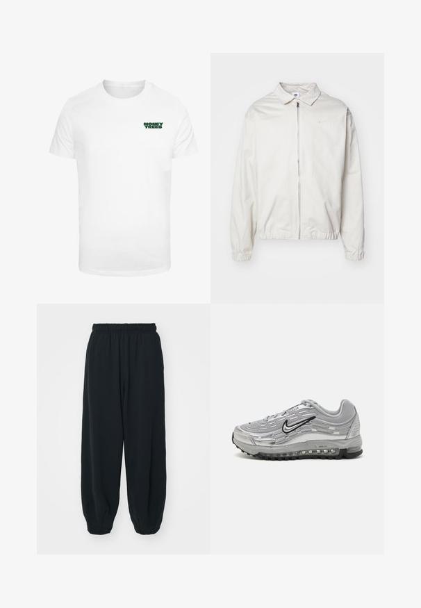 Chaqueta blanca y ligera de Nike con cuello tipo camisa, cremallera frontal, puños elásticos y un pequeño logotipo en el lado izquierdo del pecho. Textura suave.; Camiseta blanca de algodón con mangas cortas que presenta un pequeño gráfico verde de "MONEY TREES" en la parte izquierda del pecho. Cuello redondo clásico.; Pantalones de chándal negros con cintura elástica, de corte holgado, con puños en los tobillos, textura suave y sin patrones visibles ni acentos metálicos.; Zapatillas Nike Air Max grises que cuentan con una parte superior de malla y sintético, diseño ondulado, acentos negros y una unidad de amortiguación de aire visible.