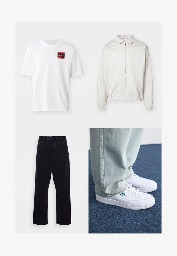 White, lightweight Nike jacket with a collared neckline, front zipper, elastic cuffs, and a small logo on the left chest. Smooth texture.; White cotton t-shirt featuring a red and black rectangular graphic with "AUTHENTIC JORDAN BY NIKE" text on the front left side. Short sleeves.; Black denim trousers with a straight leg design, featuring a button and zip closure, belt loops, and minimal stitching details.; White leather sneakers with green Nike logo, round toe, flat sole, paired with light blue denim pants, shown on a blue carpet.