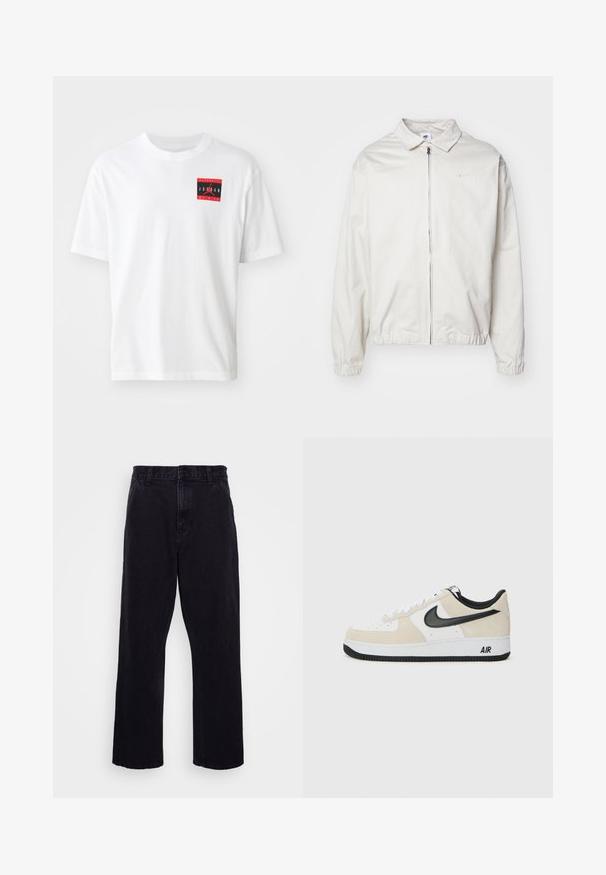 Chaqueta blanca y ligera de Nike con cuello tipo camisa, cremallera frontal, puños elásticos y un pequeño logotipo en el lado izquierdo del pecho. Textura suave.; Camiseta de algodón blanca con un gráfico rectangular rojo y negro que presenta el texto "AUTHENTIC JORDAN BY NIKE" en el lado izquierdo del frente. Mangas cortas.; Pantalones de mezclilla negros con un diseño de pierna recta, que cuentan con un cierre de botón y cremallera, presillas para cinturón y detalles de costura mínimos.; Zapatillas con parte superior de ante beige claro y cuero blanco, swoosh negro de Nike, acentos negros y una suela de goma blanca con la marca "AIR".
