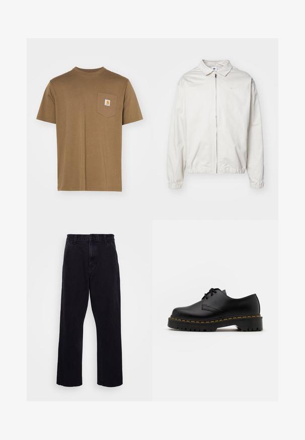 Balta, viegla Nike jaka ar apkakles kaklu, priekšējo rāvējslēdzēju, elastīgām piedurknēm un mazu logotipu kreisajā krūtī. Gluda tekstūra.; Brūns kokvilnas T-krekls ar apaļu kakla izgriezumu un īsām piedurknēm. Ar kreisajā krūtī esošu kabatu un baltu logotipa etiķeti. Gluda tekstūra.; Melnu džinsu bikses ar taisnu kāju dizainu, ar pogu un rāvējslēdzēju, jostu cilpām un minimālu šuvju detaļām.; Melnas ādas kurpes ar saistēm, noapaļota purngalu, ar teksturētu gumijas zoli un dzeltenu šuvju ap malu. Plakana forma un gluda apdare.