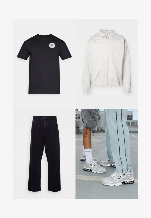 Veste Nike blanche et légère avec un col, fermeture éclair à l'avant, poignets élastiques et un petit logo sur la poitrine gauche. Texture lisse.; T-shirt en coton noir avec manches courtes et col rond. Présente un logo circulaire blanc sur la zone gauche de la poitrine avec du texte noir.; Pantalons en denim noir avec une coupe droite, dotés d'une fermeture à bouton et à zip, de passants de ceinture et de coutures minimales.; Baskets de sport Nike en maille argentée, avec des lacets blancs, un logo swoosh noir, et une semelle amortissante noire et rouge.