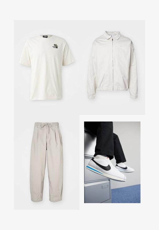 Valge, kerge Nike jakk, milles on krae, ees lukk, elastsed mansetid ja väike logo vasakul rinnal. Sile tekstuur.; Kreemivärvi puuvillane t-särk, millel on ümar kaelus, lühikesed varrukad ja vasakul rindkerel lilleline graafika koos "The North Face" logoga.; Beeži, kerged püksid elastse vöökoha ja nööriga. Omavad voldikuid ja laia istuvust, valmistatud pehmest, siledast kangast.; Valged nahast tossud musta Nike'i logoga, helesinise ja halli kummist tallaga ning klassikalise lipsuvariantiga. Jalad restingud dokumendikapil.