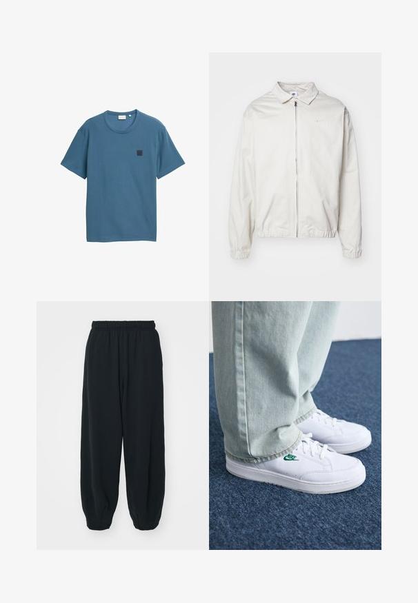 Valge, kerge Nike jakk, milles on krae, ees lukk, elastsed mansetid ja väike logo vasakul rinnal. Sile tekstuur.; Sinine lühikeste varrukatega T-särk tekstureeritud kangast, ringkraega ja vasakus rinnakus ruudukujuline logopatch.; Mustade elastse vöökoha ja laia lõikega dressipüksid, mansetiga sääred, sile tekstuur ning ilma nähtavate mustrite või detailideta.; Valged nahast tennisetossud rohelise Nike logo ja ümarate varvastega, lamedate taldadega, koos helesiniste teksapükstega, esitatud sinisel vaibal.