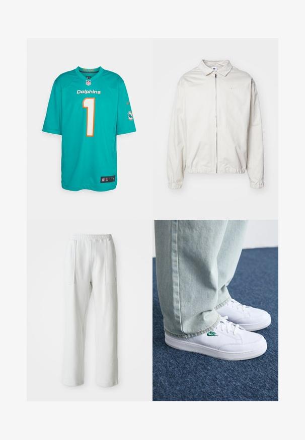 Fehér, könnyű Nike dzseki, galléros nyakkal, elöl cipzárral, elasztikus mandzsettákkal és kis logóval a bal melle részén. Simaszerű textúra.; Miami Dolphins mez zöldeskék színben, narancssárga részletekkel, rajta a fehér "1"-es szám. Könnyű anyagból készült, rövid ujjú, hálós oldalrészekkel.; Fehér, laza nadrág, elasztikus derékpánttal és nagy elülső zsebekkel, egy egyszerű, világos háttéren kiemelve.; Fehér bőr sportcipők zöld Nike logóval, kerek orral, lapos talppal, világoskék farmernadrággal párosítva, kék szőnyegen bemutatva.