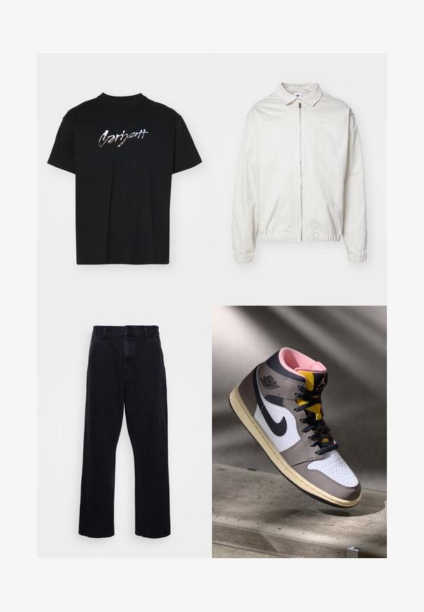 White, lightweight Nike jacket with a collared neckline, front zipper, elastic cuffs, and a small logo on the left chest. Smooth texture.; Black cotton t-shirt featuring a reflective, stylized "Carhartt" logo in the center, crew neckline, and short sleeves with a relaxed fit.; Black denim trousers with a straight leg design, featuring a button and zip closure, belt loops, and minimal stitching details.; High-top Nike Air Jordan sneaker in white, grey, and black with pink interior and yellow tongue, positioned on a concrete surface.