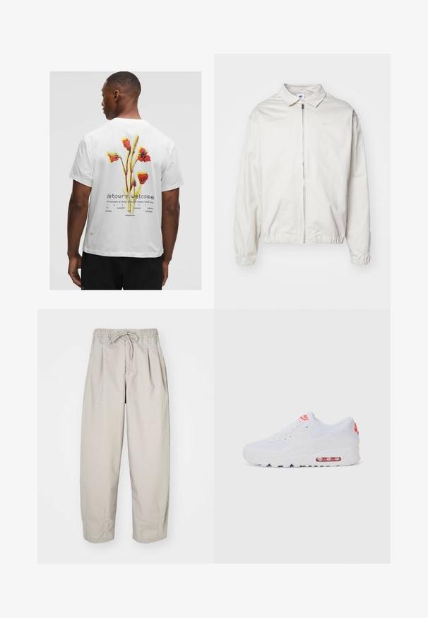 Jachetă Nike albă, ușoară, cu guler, fermoar frontal, manșete elastice și un logo mic pe pieptul stâng. Textură netedă.; Tricou alb din bumbac cu un grafism floral în roșu, galben și verde pe spate, având textul "detours welcome" și logo-ul brandului.; Pantaloni bej, ușori, cu talie elastică și șnur. Prezintă pliseuri și o croială lejeră, realizată dintr-un material moale și neted.; Adidașii albaștri de sport au o parte superioară netedă, sistem de închidere cu șireturi, talpă cu amortizare și o unitate de aer vizibilă cu accente roșii pe branding.