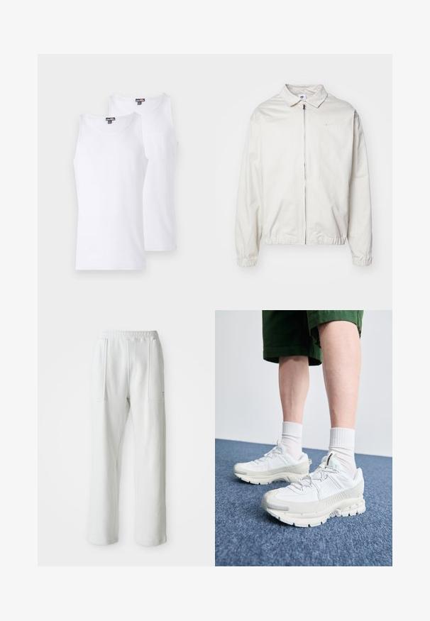 Balta, lengva Nike striukė su apykakle, priekiniais užtrauktuku, elastingomis rankogaliais ir maža logotipu kairiajame krūtinės kampe. Lygus paviršius.; Balti medvilniniai marškinėliai be rankovių, pakuotėje po du, su apvaliomis iškirptėmis ir siauru siluetu. Subtilus logotipo detalė krūtinėje. Minkšta tekstūra.; Balti kasualūs keliai su elastinga juosta ir didelėmis priekinių kišenėmis, pavaizduoti ant paprasto šviesaus fono.; Baltos sportinės bateliai su tekstūruotais uždengimais, masyviu padu ir pilkais akcentais. Dėvimi su baltais trumpais kojiniais ir žaliais šortais mėlyname paviršiuje.