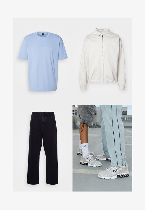 Hvid, letvægts Nike-jakke med kravehals, lynlås foran, elastiske ærmer og et lille logo på venstre bryst. Glat tekstur.; BOSS TEE - T-shirts basic - open blue; Sorte denimbukser med lige ben, der har en knap- og lynlåslukning, bæltestropper og minimale syninger.; Nike sportssko i sølvfarvet meshmateriale med hvide snørebånd, et sort swoosh-logo og en sort og rød luftdæmpningssål.