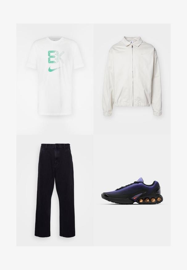 Chaqueta blanca y ligera de Nike con cuello tipo camisa, cremallera frontal, puños elásticos y un pequeño logotipo en el lado izquierdo del pecho. Textura suave.; Camiseta blanca de algodón con un gráfico geométrico verde "EK" y un pequeño logo de Nike. Manga corta, cuello redondo, corte estándar.; Pantalones de mezclilla negros con un diseño de pierna recta, que cuentan con un cierre de botón y cremallera, presillas para cinturón y detalles de costura mínimos.; Nike Sportswear AIR MAX DN SE - Zapatillas - medium violet/total orange/voltage purple/black